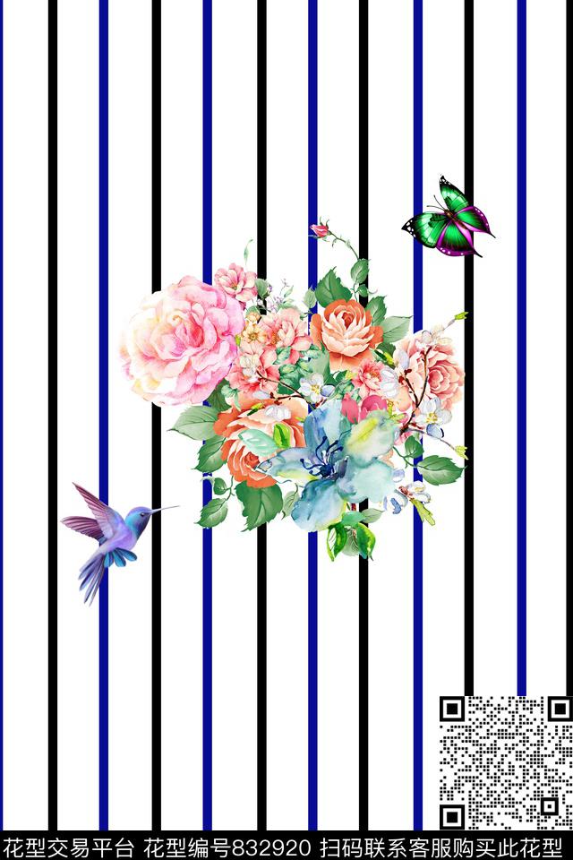 鸟玫瑰蝴蝶数码印花华亿平台下载（图片编号: 832920） - 瓦栏（Walan）