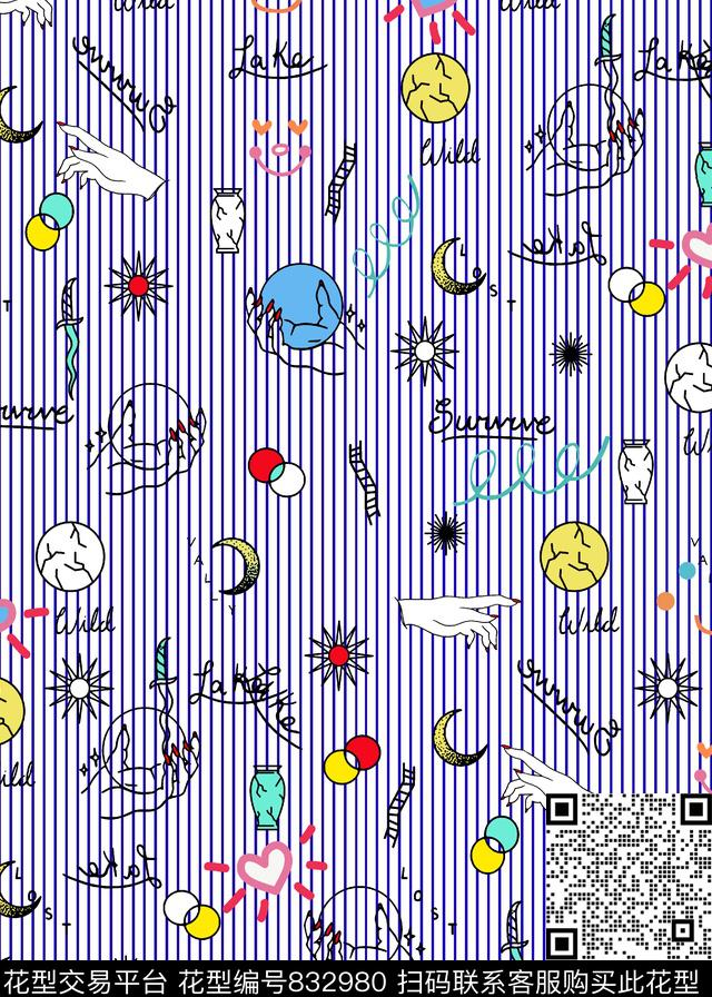 条纹卡通趣味插画传统印花华亿平台下载（图片编号: 832980） - 瓦栏（Walan）