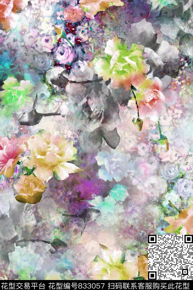 满版散花多色花朵牡丹数码印花华亿平台下载（图片编号: 833057） - 瓦栏（Walan）