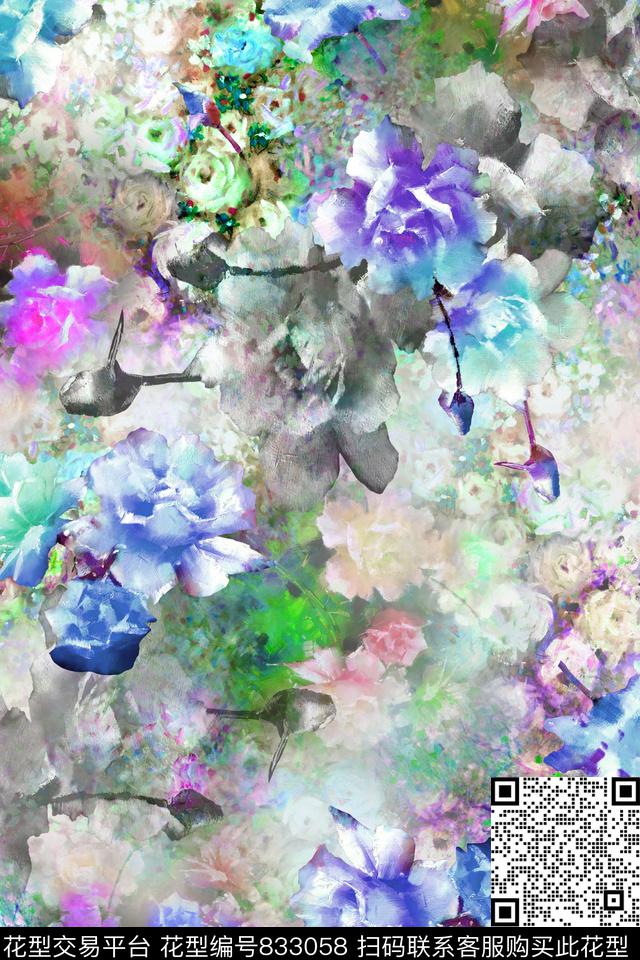 满版散花多色花朵牡丹数码印花华亿平台下载（图片编号: 833058） - 瓦栏（Walan）