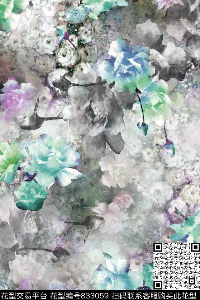 满版散花多色花朵牡丹数码印花华亿平台下载（图片编号: 833059） - 瓦栏（Walan）