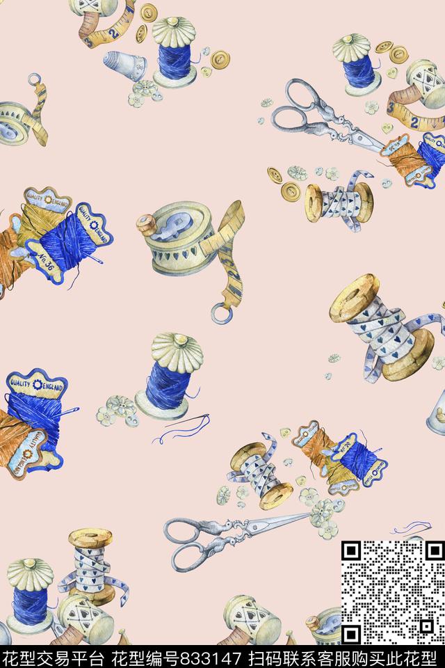 手绘图案剪刀尺数码印花华亿平台下载（图片编号: 833147） - 瓦栏（Walan）