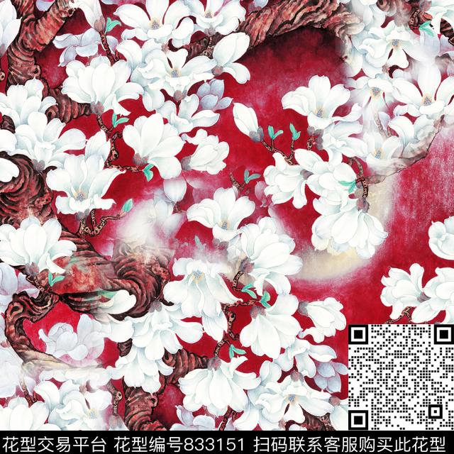 花卉中国风工笔花卉数码印花华亿平台下载（图片编号: 833151） - 瓦栏（Walan）