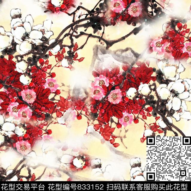 写意花卉花卉中国风数码印花华亿平台下载（图片编号: 833152） - 瓦栏（Walan）