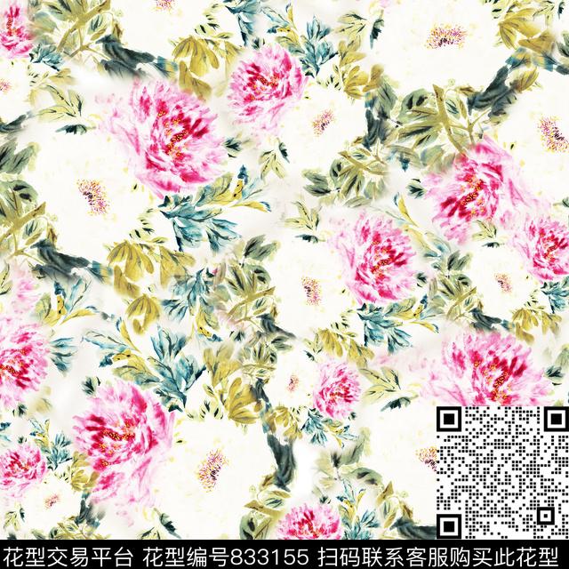 牡丹花卉写意花卉数码印花华亿平台下载（图片编号: 833155） - 瓦栏（Walan）
