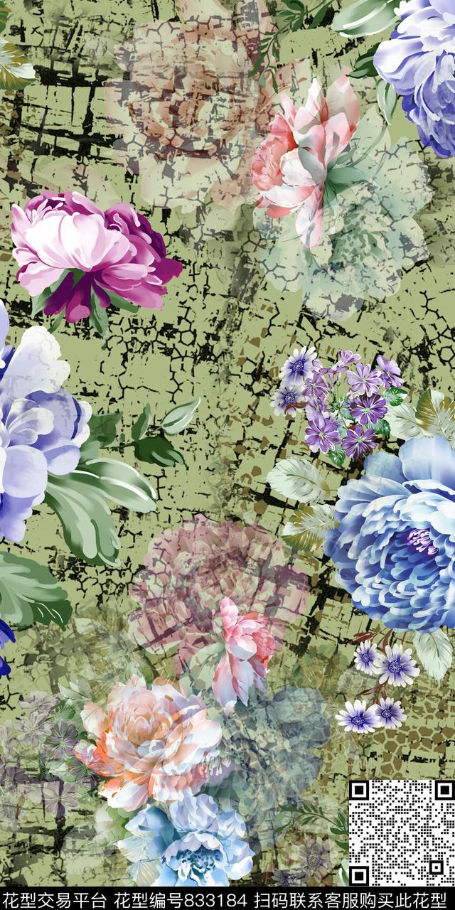 玫瑰大花花卉数码印花华亿平台下载（图片编号: 833184） - 瓦栏（Walan）