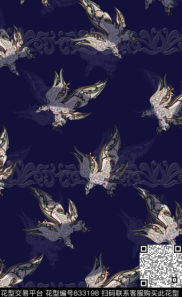 男装鸟抽象数码印花华亿平台下载（图片编号: 833198） - 瓦栏（Walan）