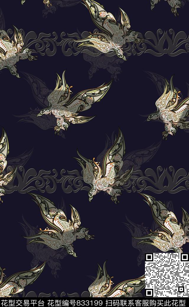 男装鸟抽象数码印花华亿平台下载（图片编号: 833199） - 瓦栏（Walan）