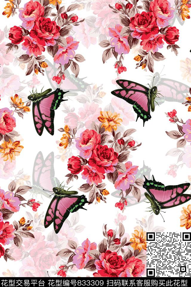 花卉花蝶蝴蝶图案数码印花华亿平台下载（图片编号: 833309） - 瓦栏（Walan）