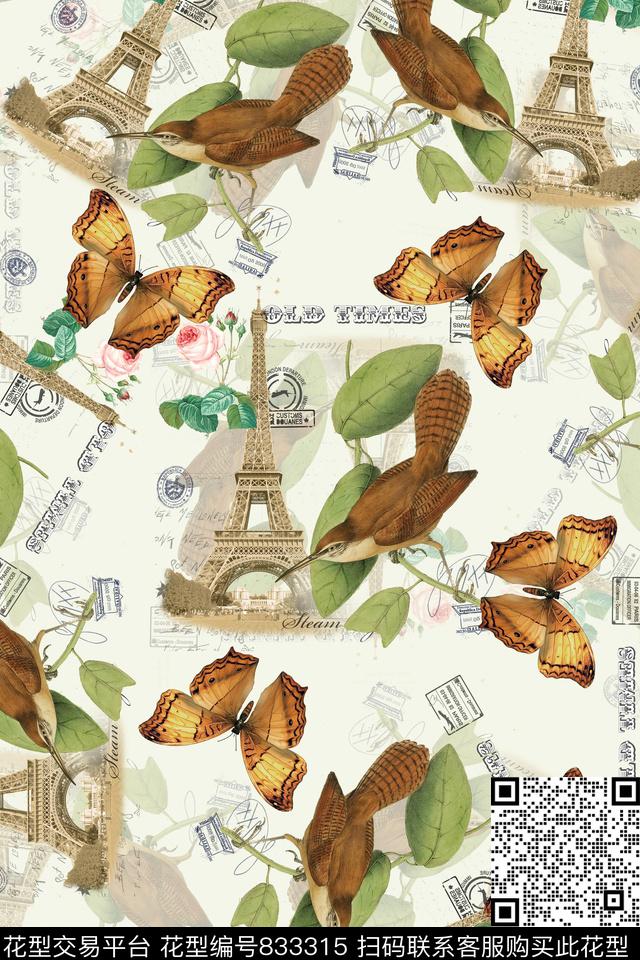 花鸟蝴蝶欧式建筑数码印花华亿平台下载（图片编号: 833315） - 瓦栏（Walan）