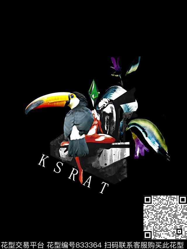 树叶抽象鹰鹉鸟数码印花华亿平台下载（图片编号: 833364） - 瓦栏（Walan）