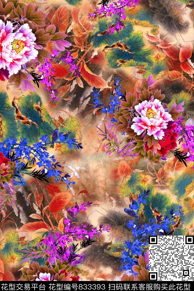 牡丹花卉中国风数码印花华亿平台下载（图片编号: 833393） - 瓦栏（Walan）