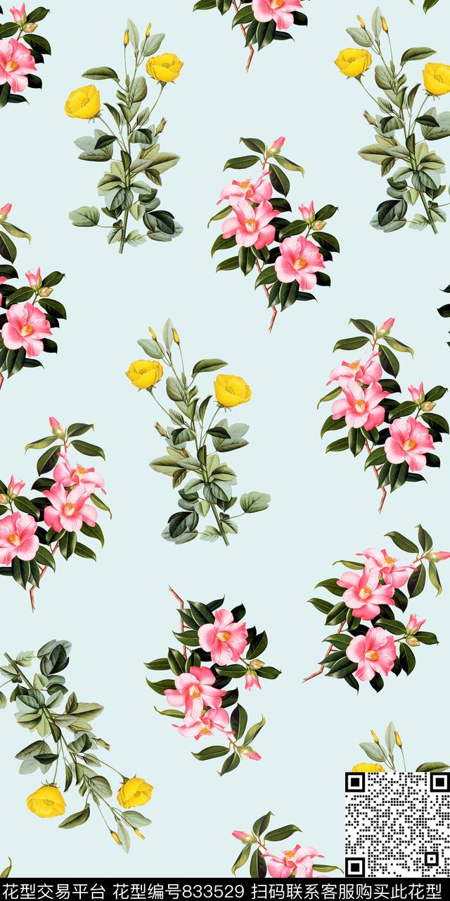 三色堇康乃馨花朵数码印花华亿平台下载（图片编号: 833529） - 瓦栏（Walan）