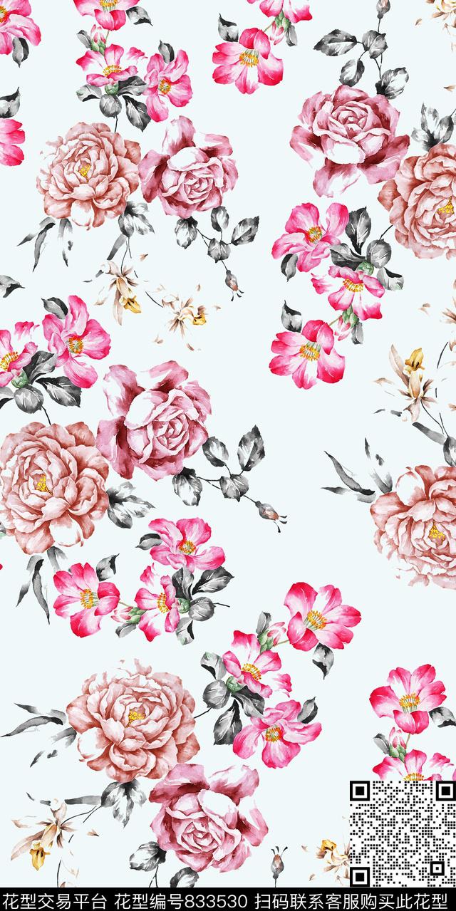 牡丹玫瑰花朵数码印花华亿平台下载（图片编号: 833530） - 瓦栏（Walan）