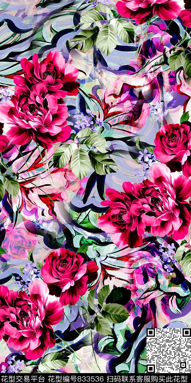 乱花康乃馨玫瑰数码印花华亿平台下载（图片编号: 833536） - 瓦栏（Walan）