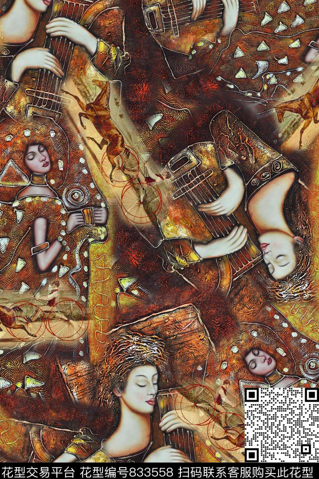 人物琴肌理数码印花华亿平台下载（图片编号: 833558） - 瓦栏（Walan）