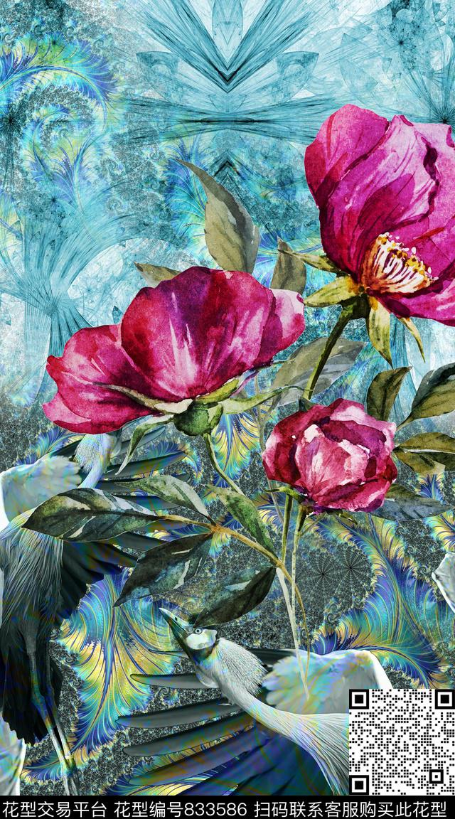 花卉肌理鸟数码印花华亿平台下载（图片编号: 833586） - 瓦栏（Walan）