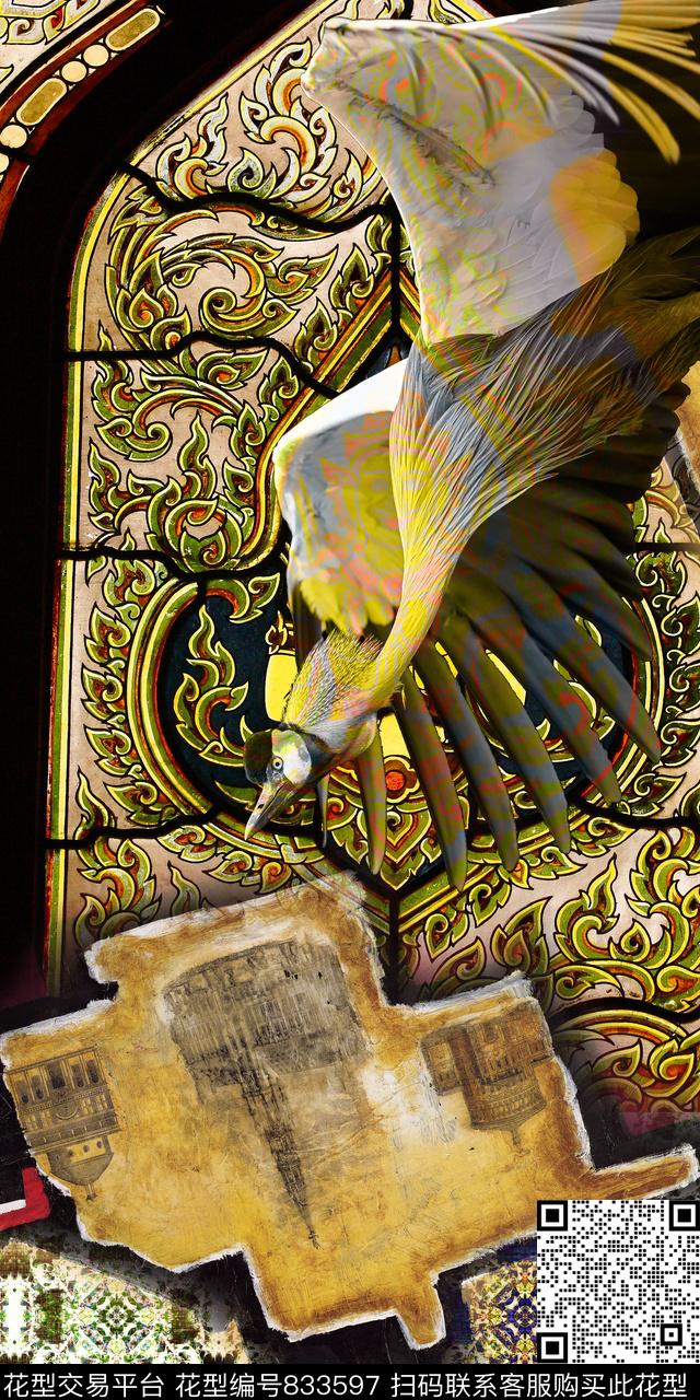 民族风宗教图案鸟数码印花华亿平台下载（图片编号: 833597） - 瓦栏（Walan）