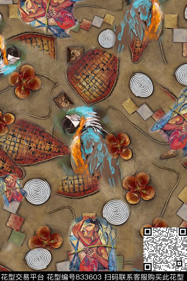 鸟鱼人物数码印花华亿平台下载（图片编号: 833603） - 瓦栏（Walan）