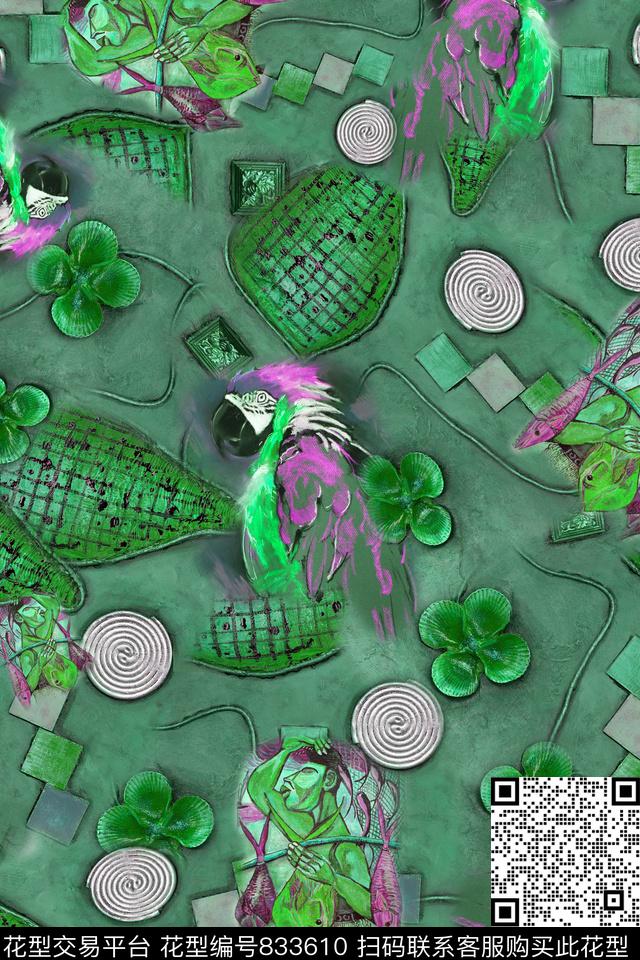 鸟鱼人物数码印花华亿平台下载（图片编号: 833610） - 瓦栏（Walan）