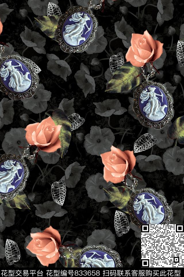 女装复古花卉数码印花华亿平台下载（图片编号: 833658） - 瓦栏（Walan）