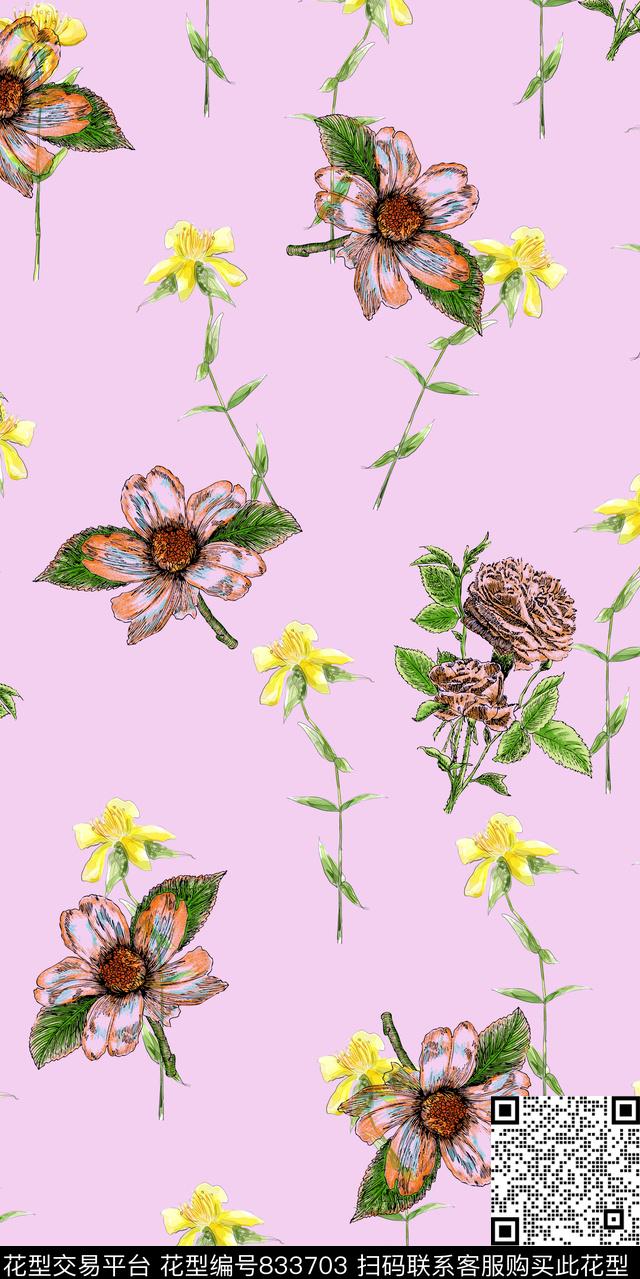 玫瑰牡丹花朵数码印花华亿平台下载（图片编号: 833703） - 瓦栏（Walan）