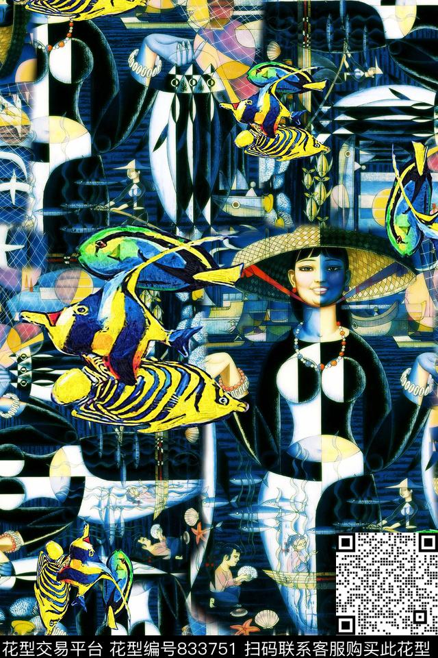 人物鱼肌理数码印花华亿平台下载（图片编号: 833751） - 瓦栏（Walan）