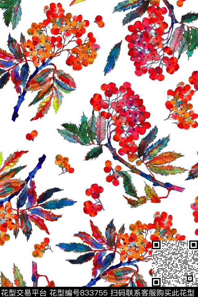 花卉樱桃水彩数码印花华亿平台下载（图片编号: 833755） - 瓦栏（Walan）