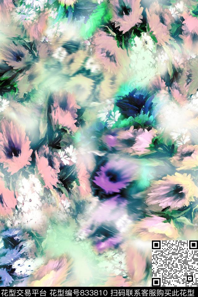多色花朵满版散花手绘花卉数码印花华亿平台下载（图片编号: 833810） - 瓦栏（Walan）
