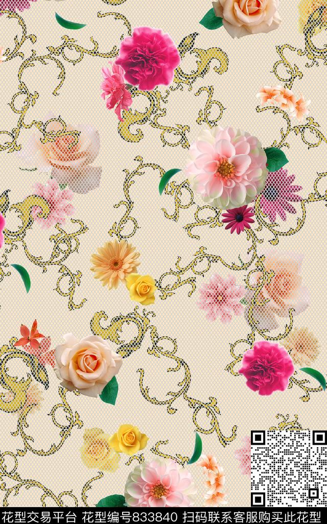 大花花卉巴洛克数码印花华亿平台下载（图片编号: 833840） - 瓦栏（Walan）