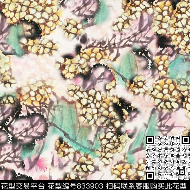 水墨花卉朦胧数码印花华亿平台下载（图片编号: 833903） - 瓦栏（Walan）