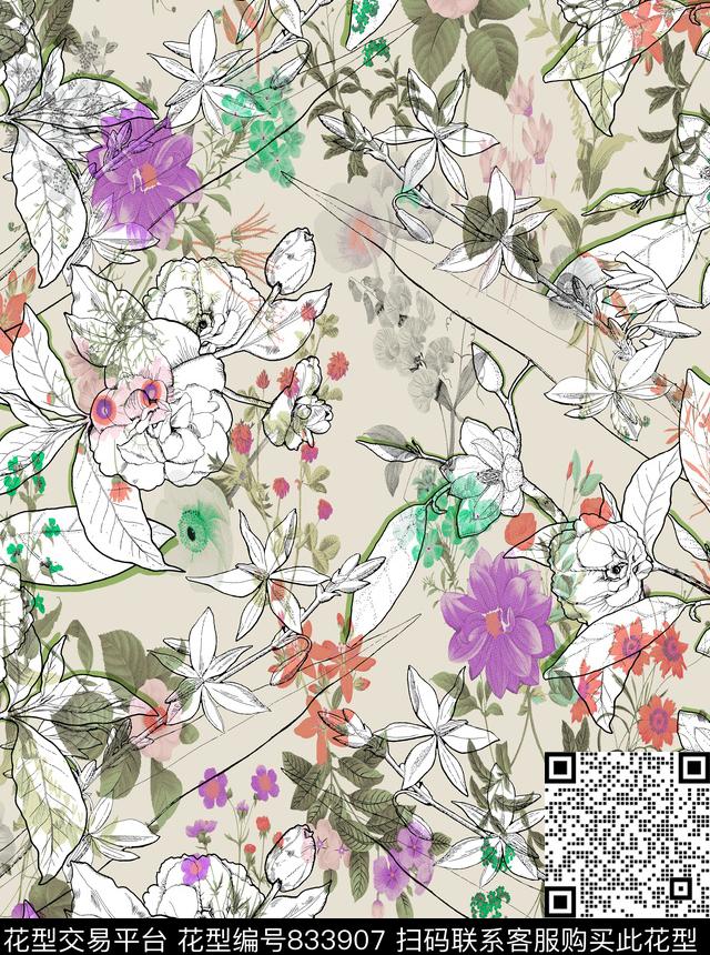 大花花卉花朵数码印花华亿平台下载（图片编号: 833907） - 瓦栏（Walan）