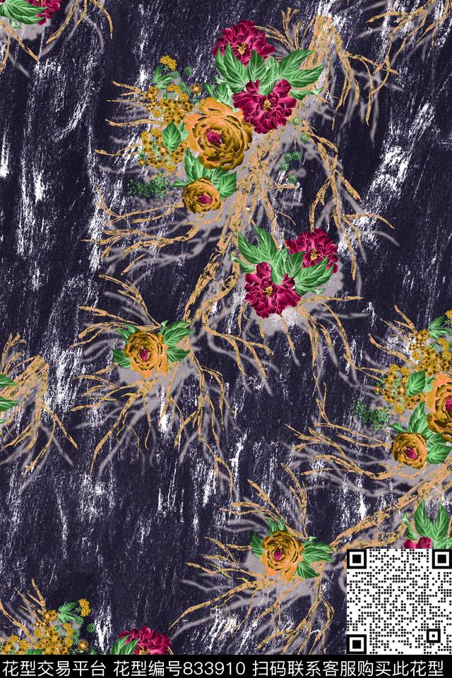 手绘肌理花卉数码印花华亿平台下载（图片编号: 833910） - 瓦栏（Walan）