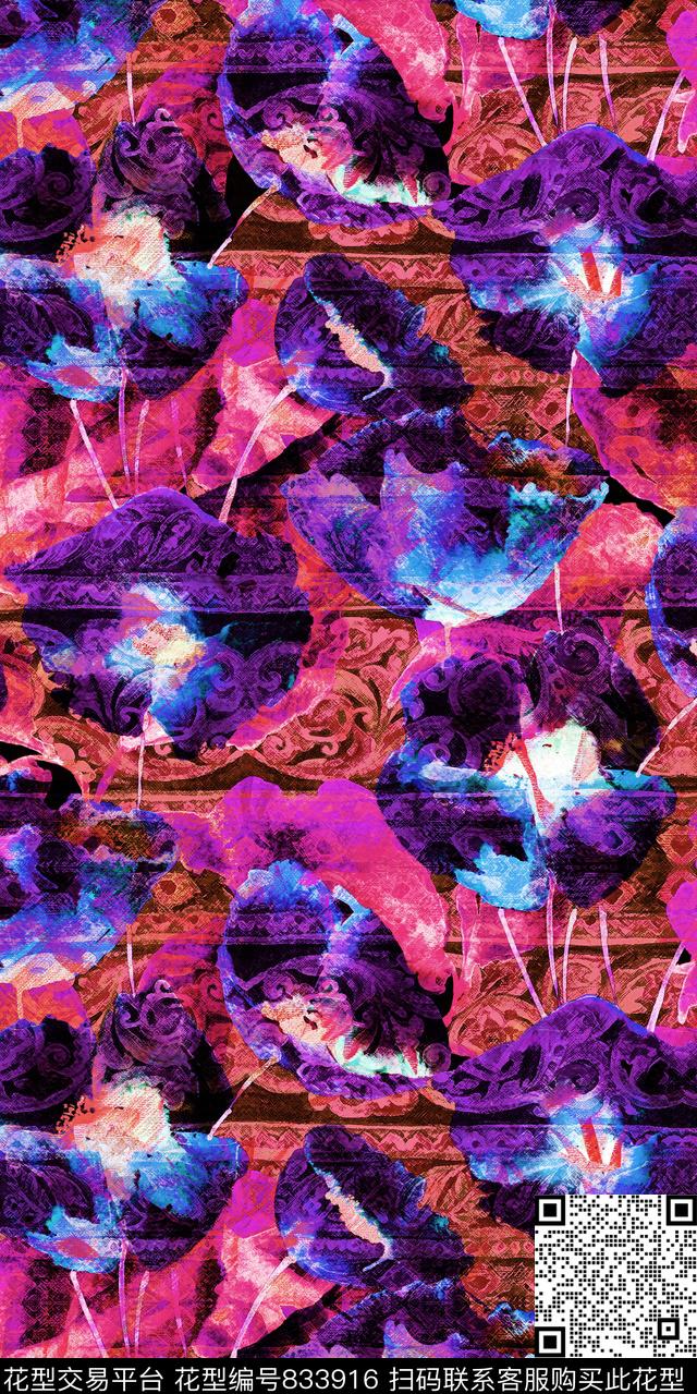 大花花卉花朵数码印花华亿平台下载（图片编号: 833916） - 瓦栏（Walan）