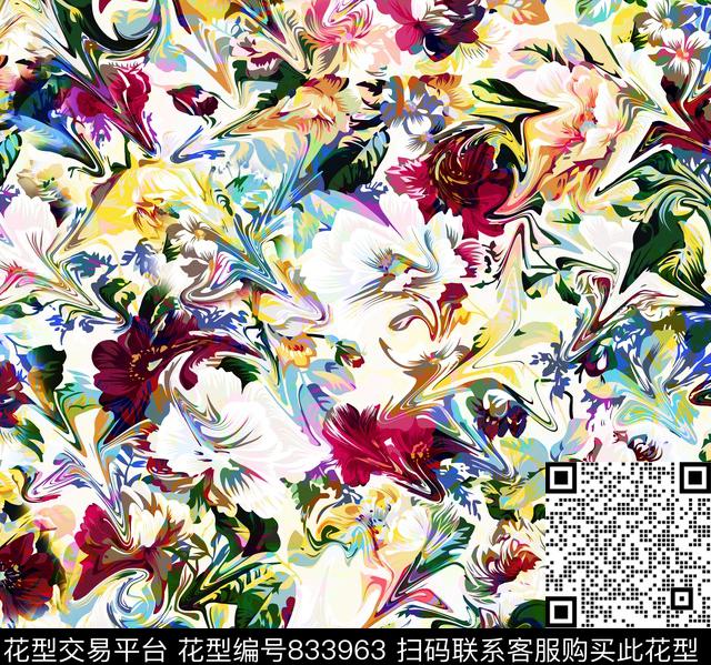 花卉抽象色块数码印花华亿平台下载（图片编号: 833963） - 瓦栏（Walan）