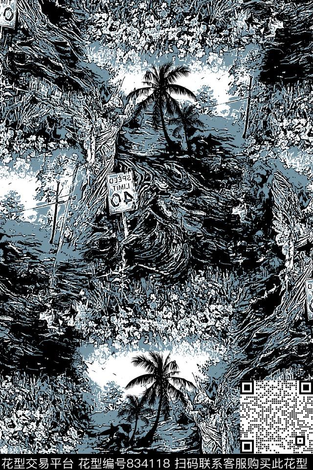 抽象纹理海岸椰子树传统印花华亿平台下载（图片编号: 834118） - 瓦栏（Walan）