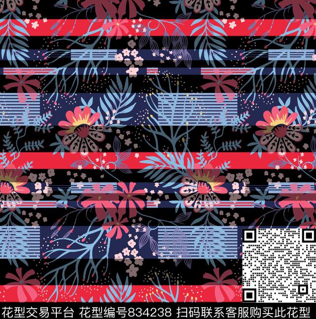 海军条纹海洋生物花卉传统印花华亿平台下载（图片编号: 834238） - 瓦栏（Walan）