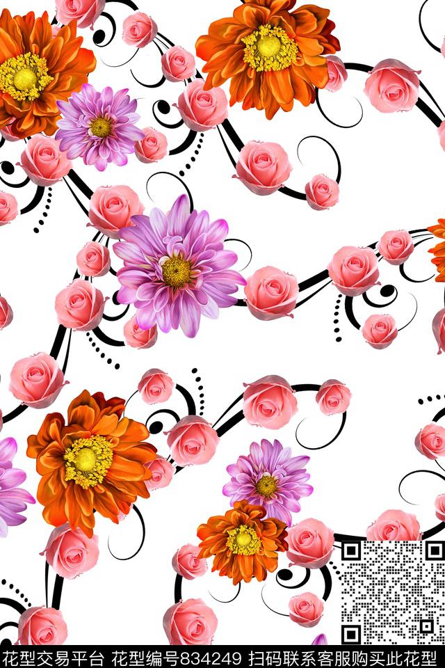 雏菊花朵花卉数码印花华亿平台下载（图片编号: 834249） - 瓦栏（Walan）