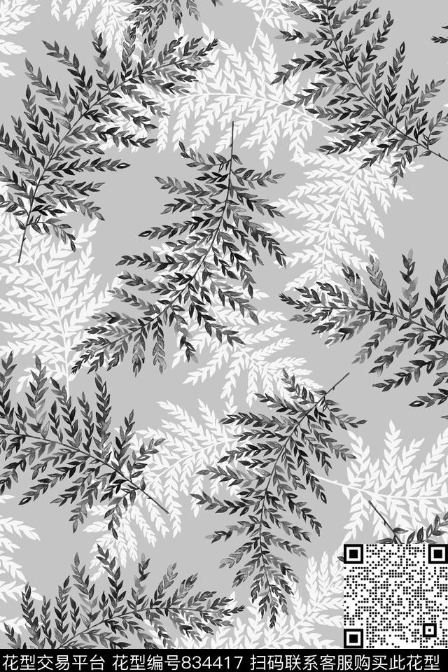 黑白叶子手绘传统印花华亿平台下载（图片编号: 834417） - 瓦栏（Walan）