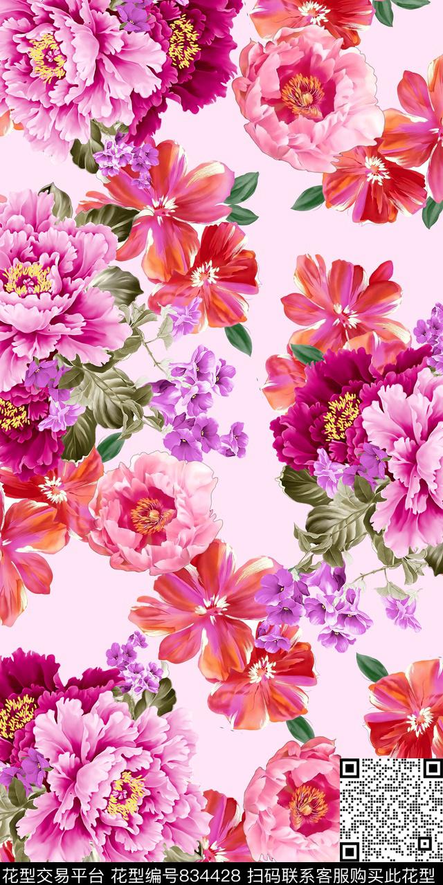 乱花牡丹大花数码印花华亿平台下载（图片编号: 834428） - 瓦栏（Walan）