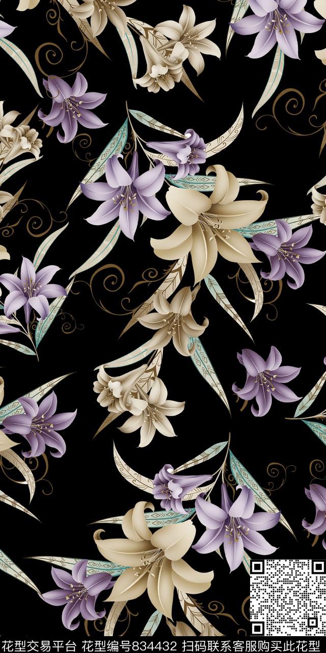 兰花牡丹小碎花数码印花华亿平台下载（图片编号: 834432） - 瓦栏（Walan）