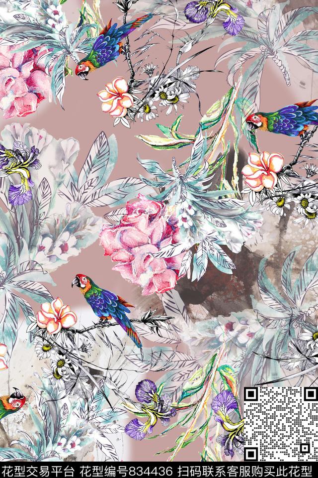 花鸟叶子数码印花华亿平台下载（图片编号: 834436） - 瓦栏（Walan）