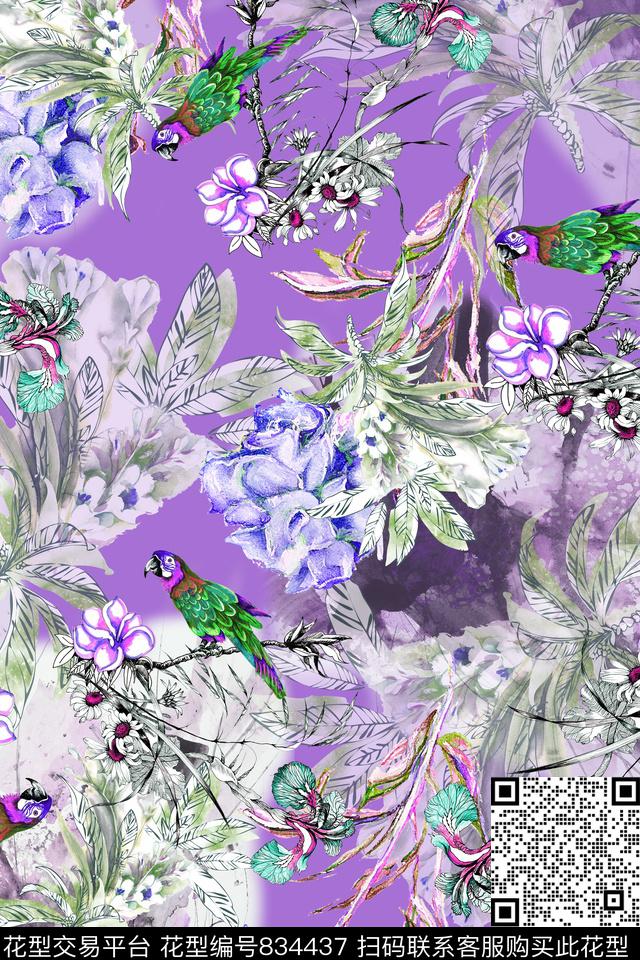 花鸟叶子数码印花华亿平台下载（图片编号: 834437） - 瓦栏（Walan）