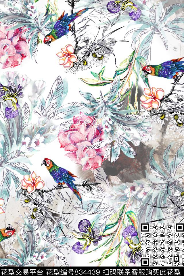 花鸟叶子数码印花华亿平台下载（图片编号: 834439） - 瓦栏（Walan）