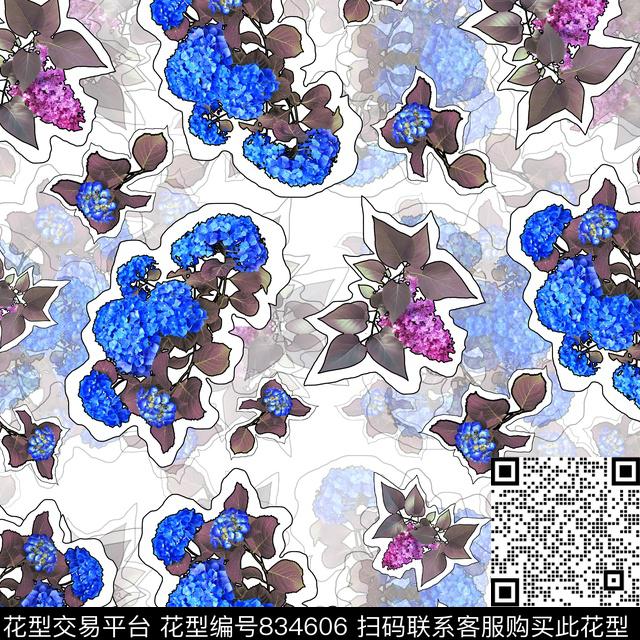 花卉清新花卉蓝色花卉数码印花华亿平台下载（图片编号: 834606） - 瓦栏（Walan）