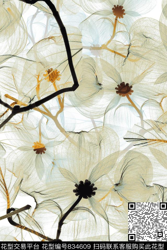 手绘花卉多色花朵满版散花数码印花华亿平台下载（图片编号: 834609） - 瓦栏（Walan）