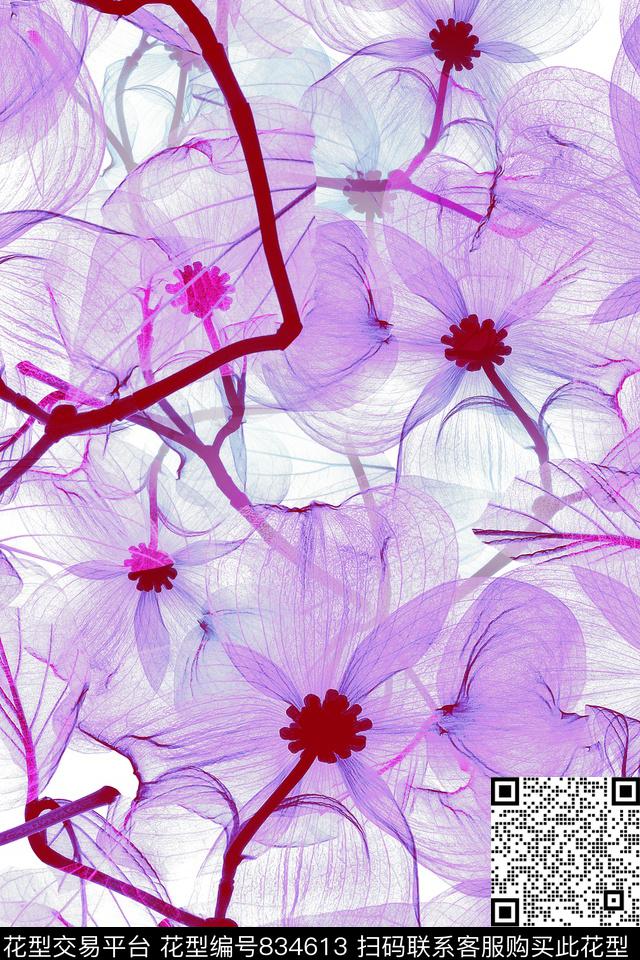 手绘花卉多色花朵满版散花数码印花华亿平台下载（图片编号: 834613） - 瓦栏（Walan）