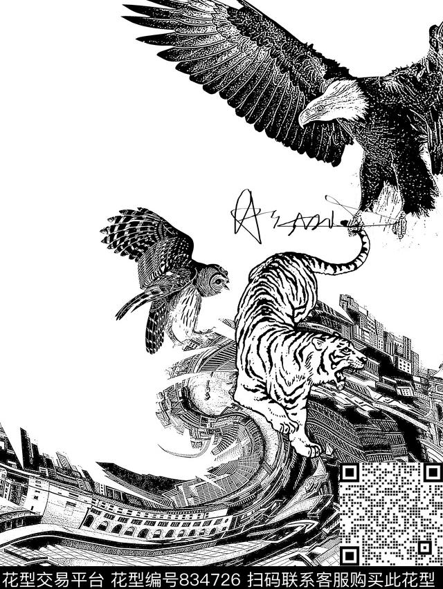 城市建筑老鹰老虎传统印花华亿平台下载（图片编号: 834726） - 瓦栏（Walan）