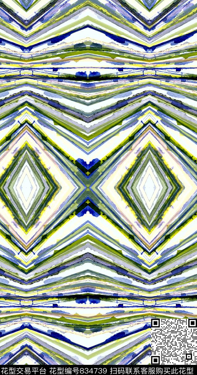 水彩几何波浪菱形传统印花华亿平台下载（图片编号: 834739） - 瓦栏（Walan）