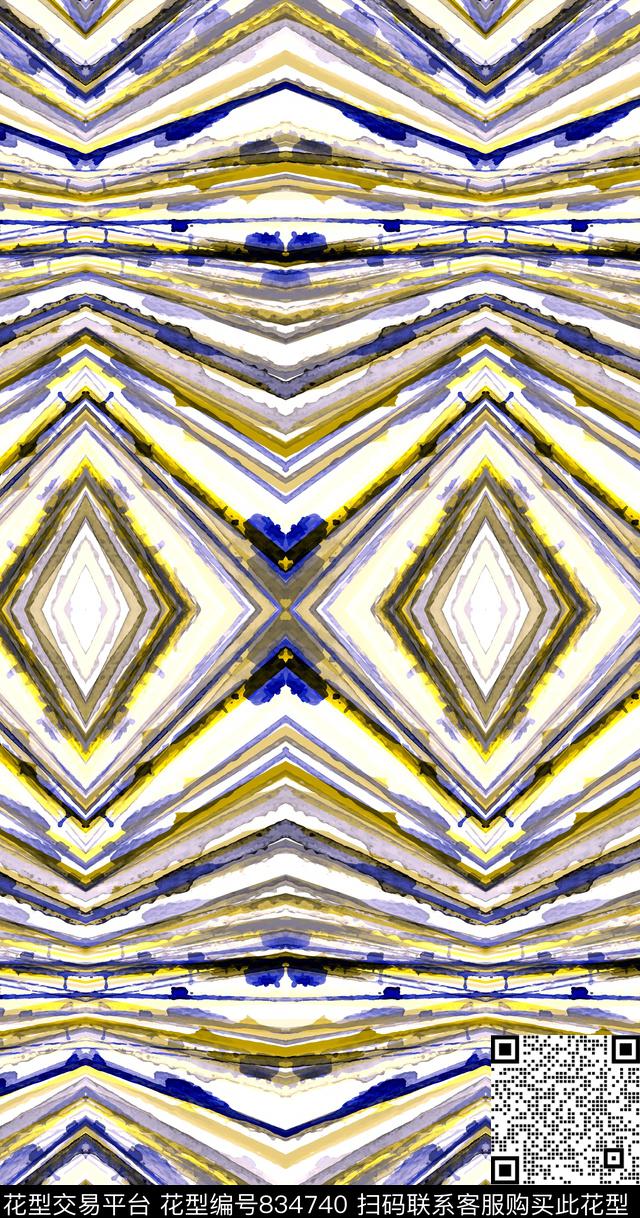 水彩几何波浪菱形传统印花华亿平台下载（图片编号: 834740） - 瓦栏（Walan）